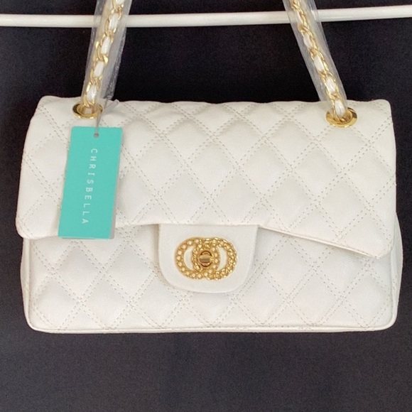 Chrisbella NWT White Quilted Leather Gold Women's Crossbody Bag Double Flap - Picture 5 of 9